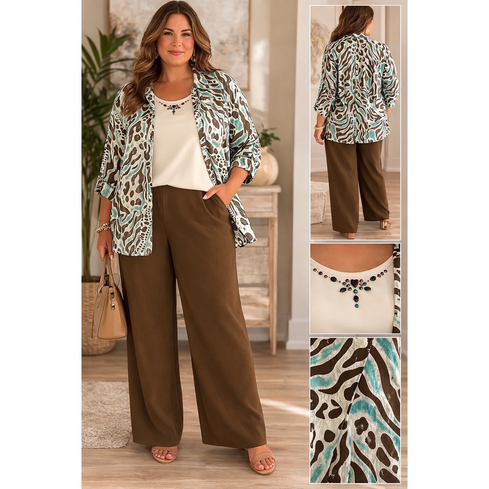 Roaman's 3 Pc Pantsuit 1X 22/24 Brown Teal Abstract Jacket Tank Top Pants Plus